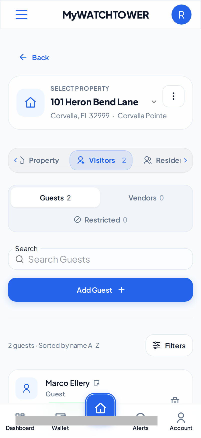 The Visitors tab of 101 Heron Bend Lane on a phone, with Guests selected under Show and the Add Guest button