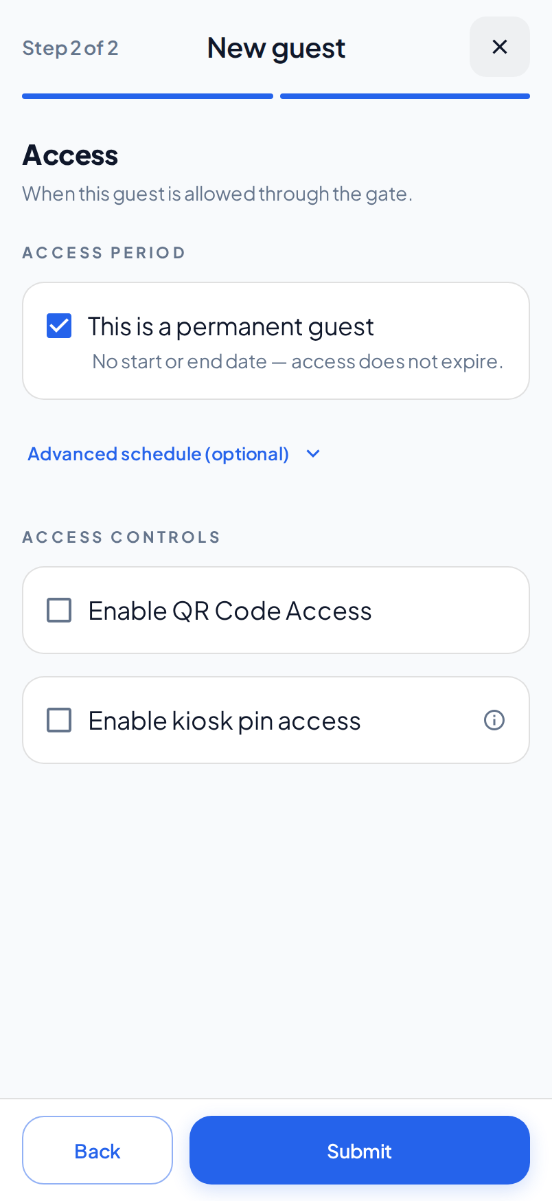 The Access step on a phone with This is a permanent guest selected. The date fields do not show, and Advanced schedule (optional) is under the box.