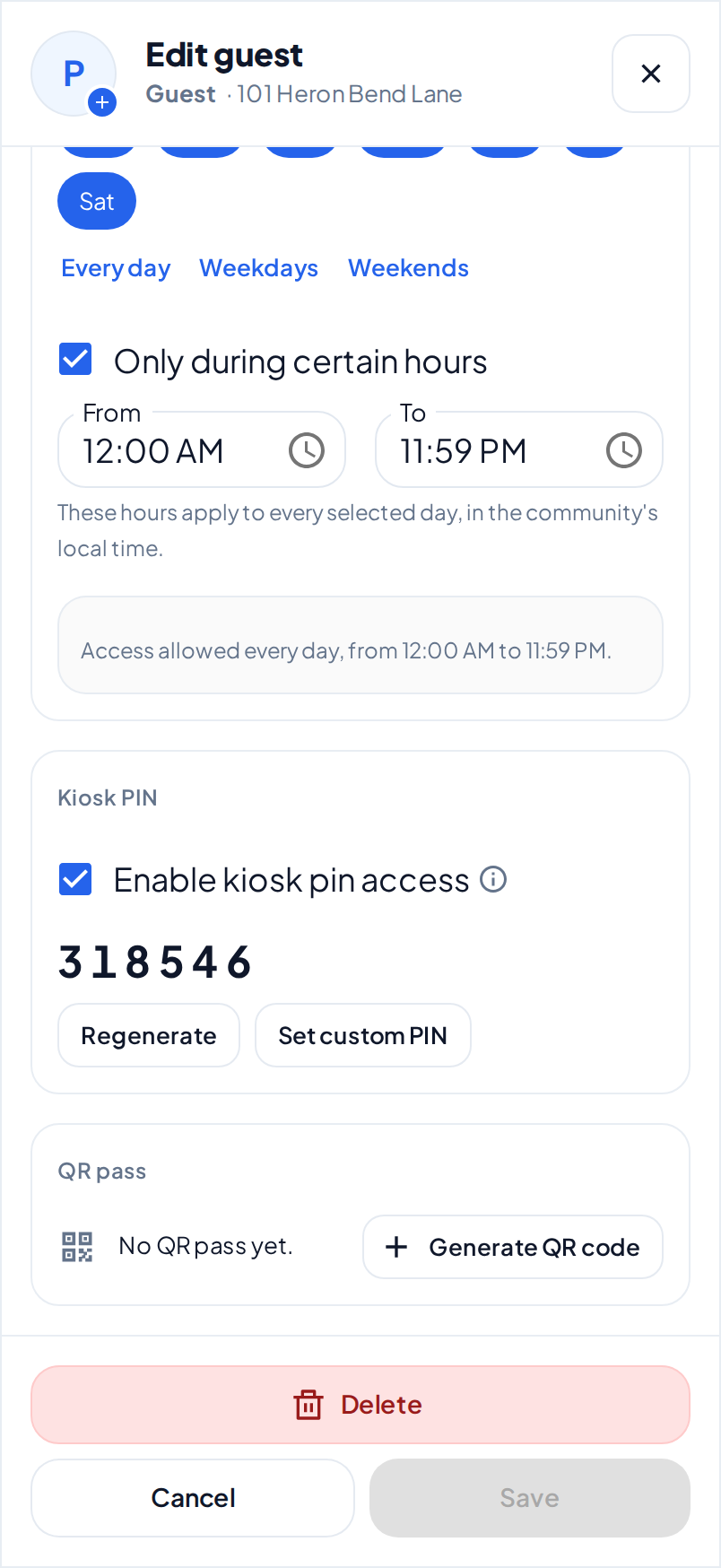 The Kiosk PIN section of the Edit guest dialog on a phone. Enable kiosk pin access is selected, and the PIN shows with the Regenerate and Set custom PIN buttons.