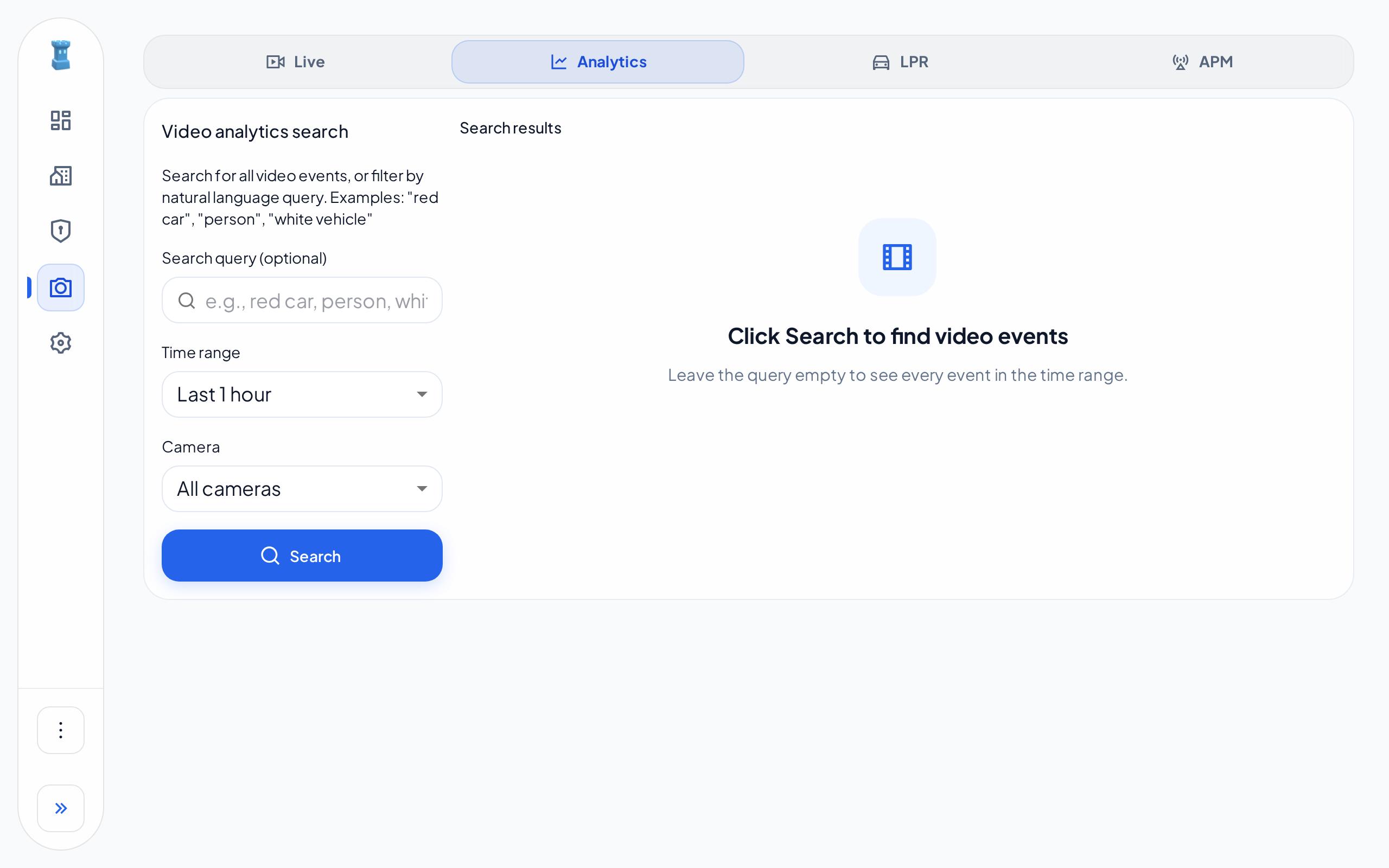The Analytics tab before a search, with the Search query, Time range and Camera fields and the Search button