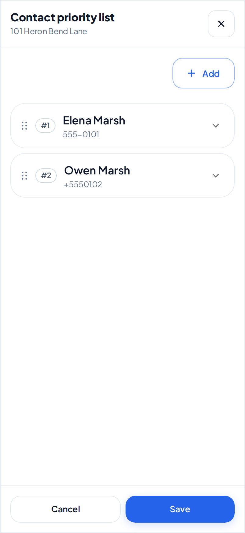 The Contact priority list dialog on a phone, with the street of the property under the title, two contacts with a drag handle each, and the Cancel and Save buttons