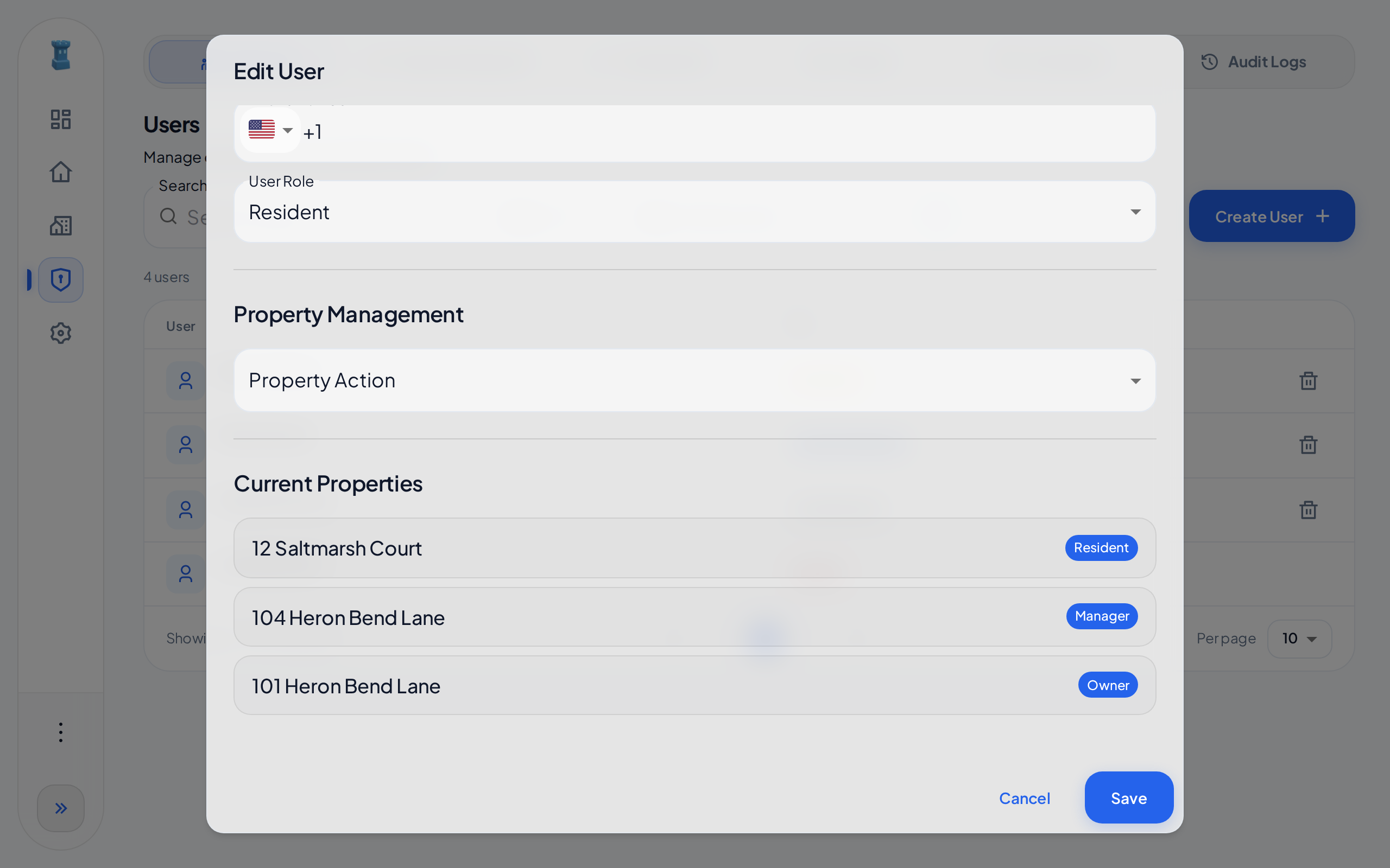 The Edit User dialog of a resident user, with the User Role, Property Management and three current properties