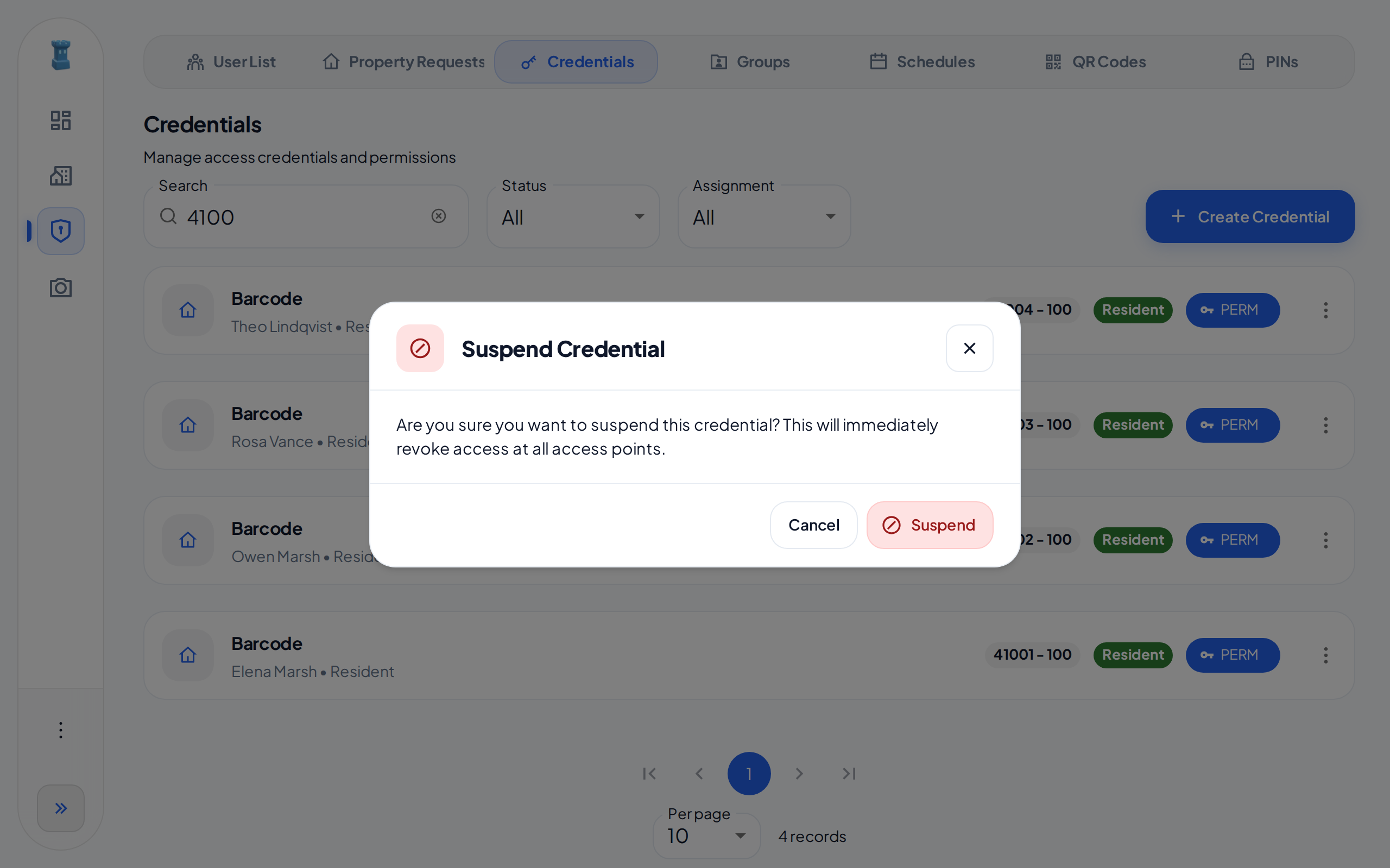 The Suspend Credential dialog, with the Cancel and Suspend buttons