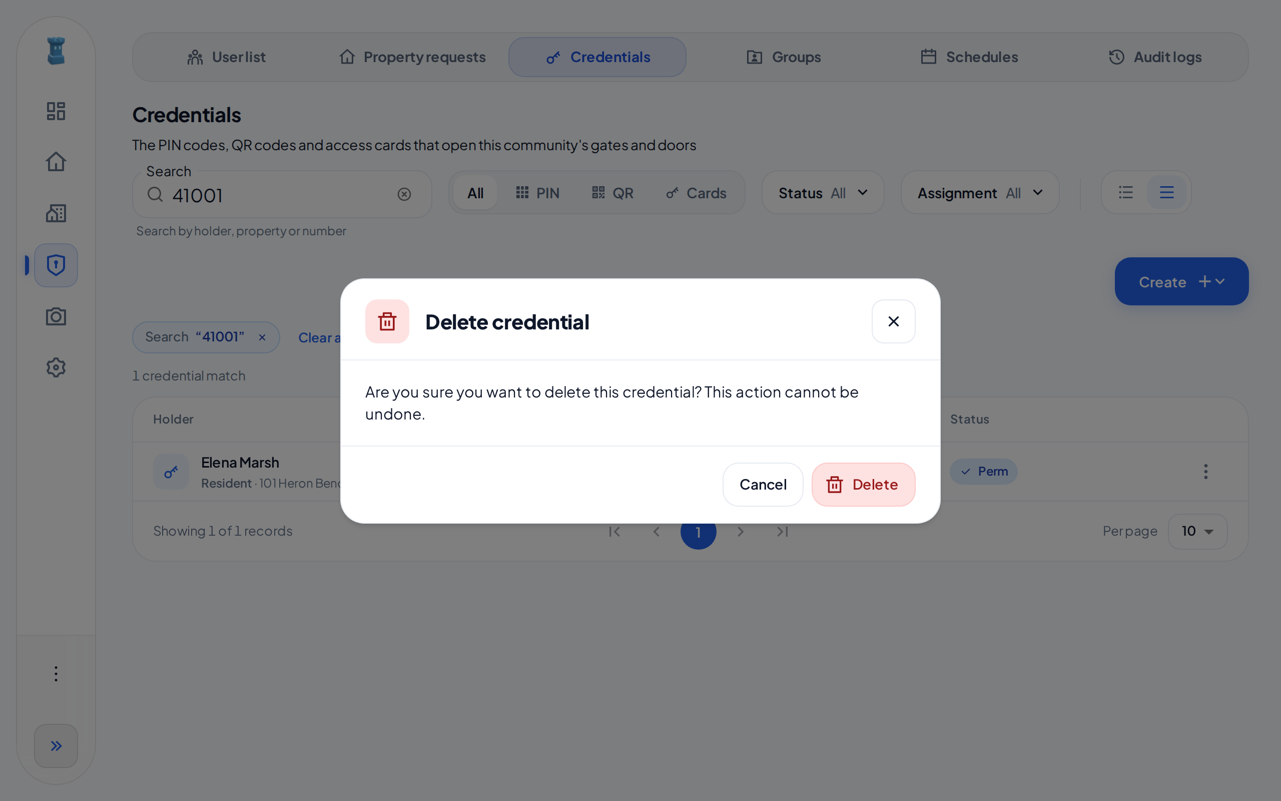 The Delete credential dialog, with the Cancel and Delete buttons