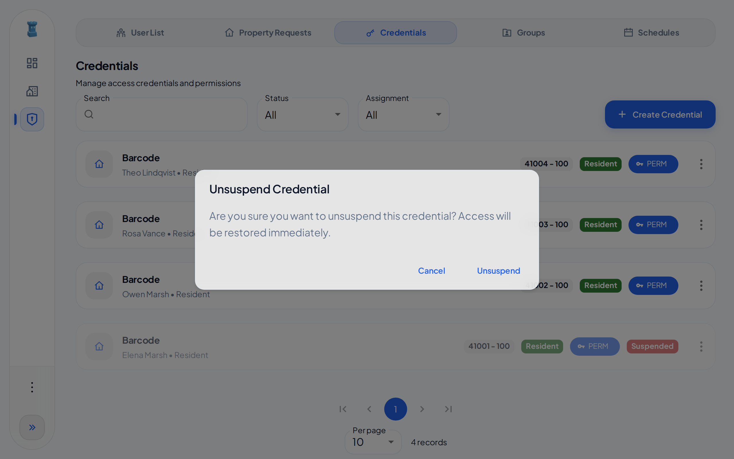 The Unsuspend Credential dialog. Behind it, the suspended row has a red Suspended chip.