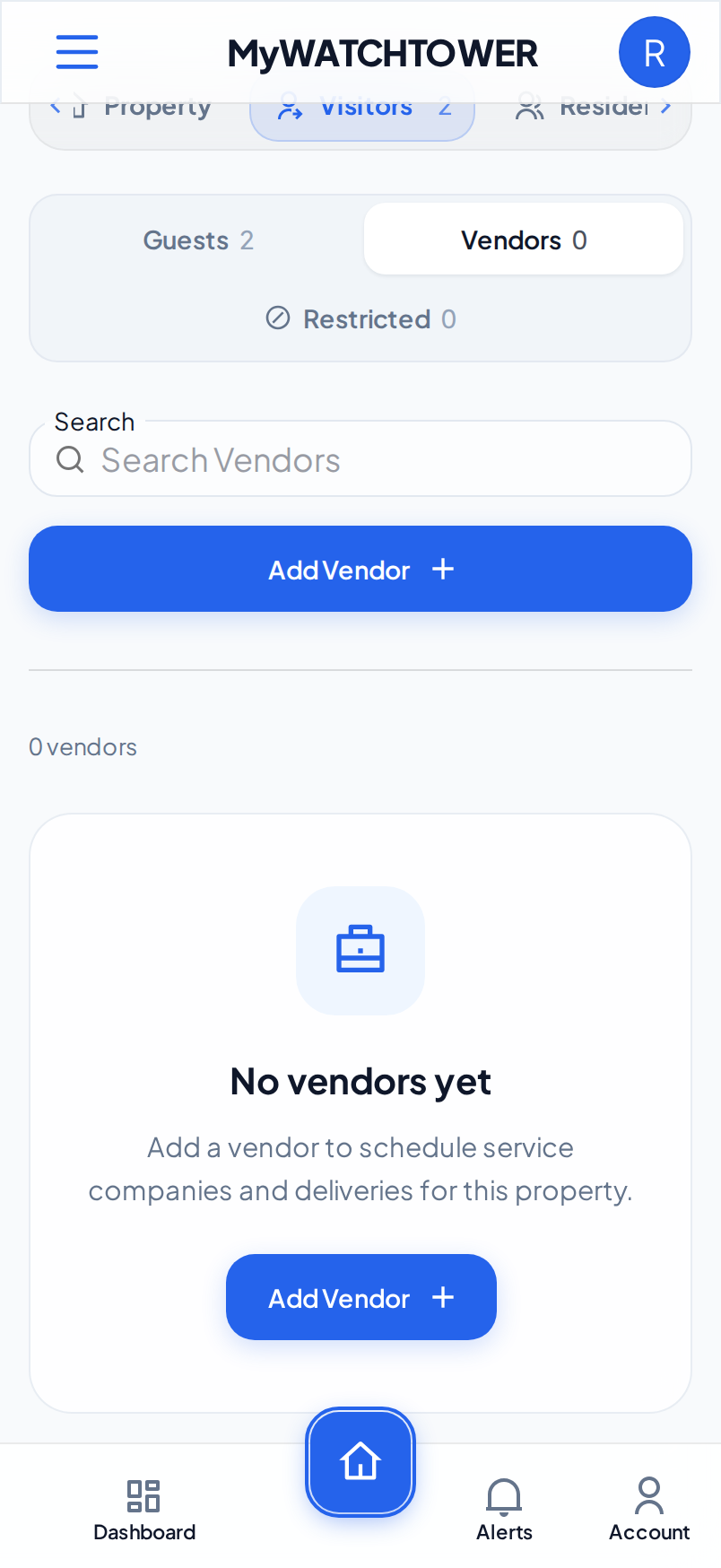 The Visitors tab on a phone with Vendors selected under Show. The list has no vendors yet, and the Add Vendor button is above it.