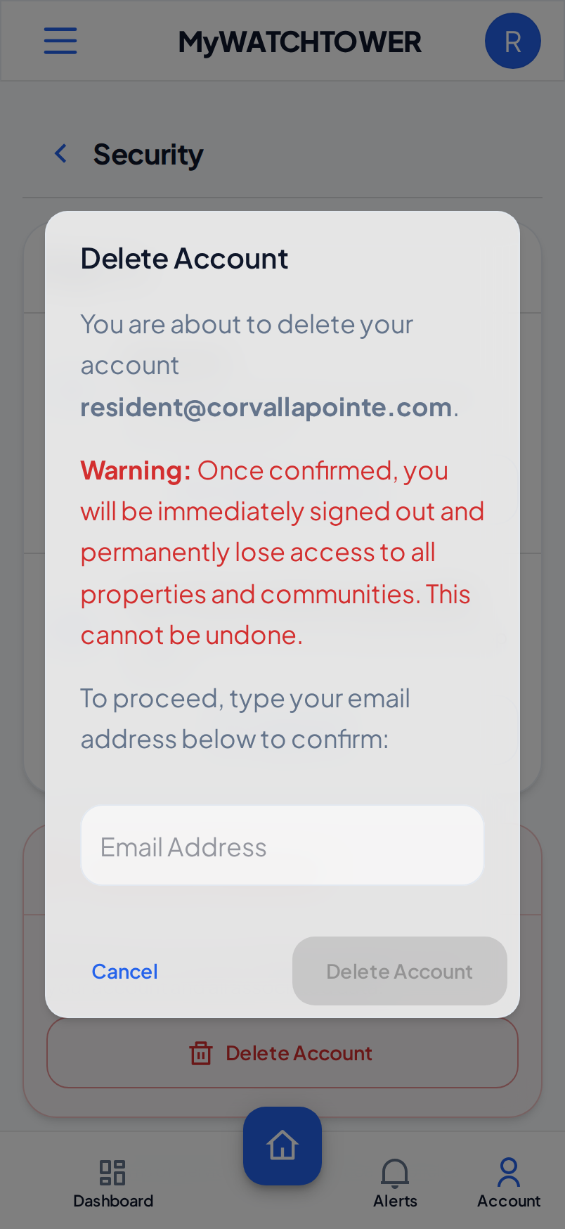 The Delete Account dialog on a phone, with the warning, the Email Address field and the Cancel and Delete Account buttons