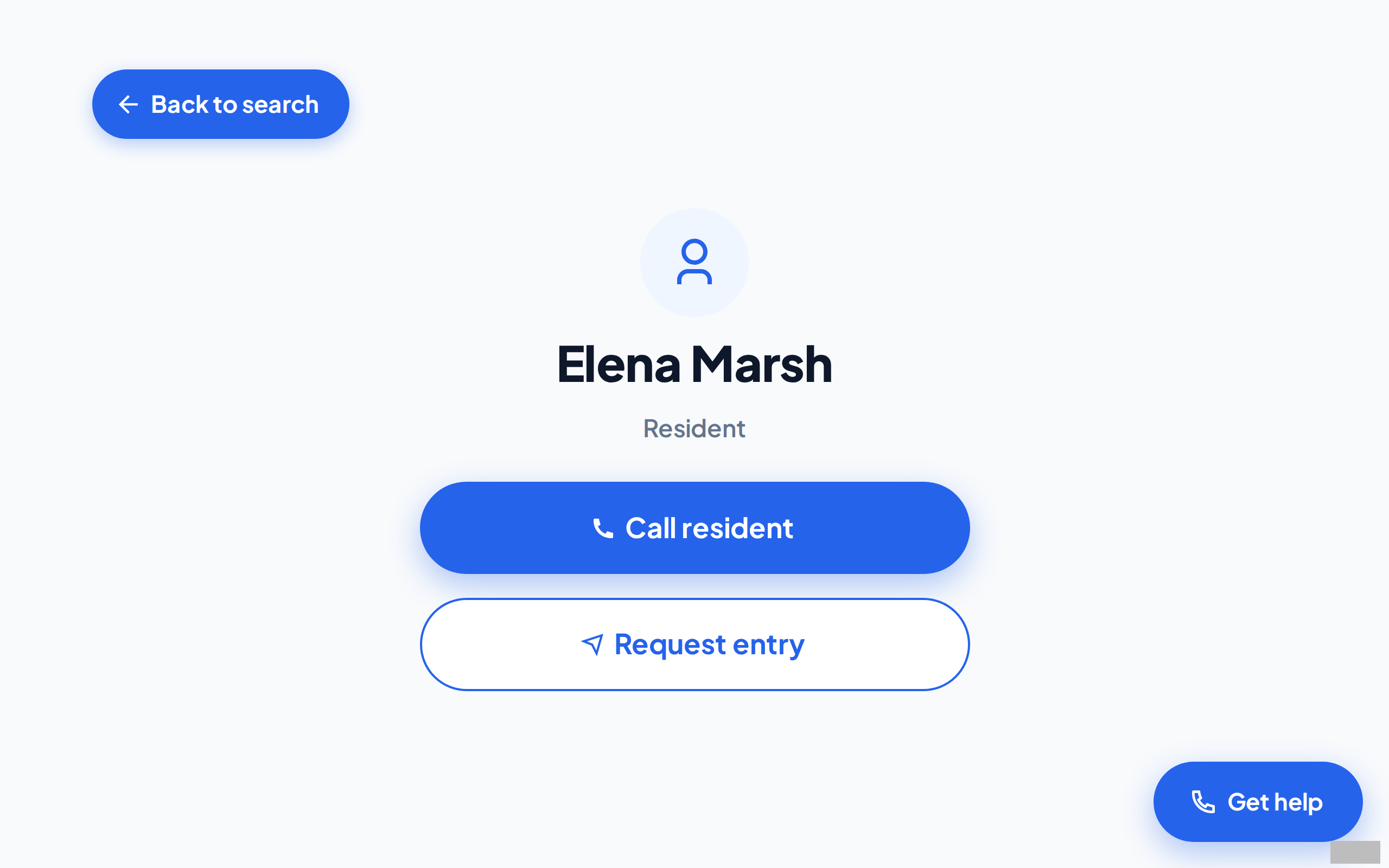The view of the resident Elena Marsh, with the Call resident and Request entry buttons