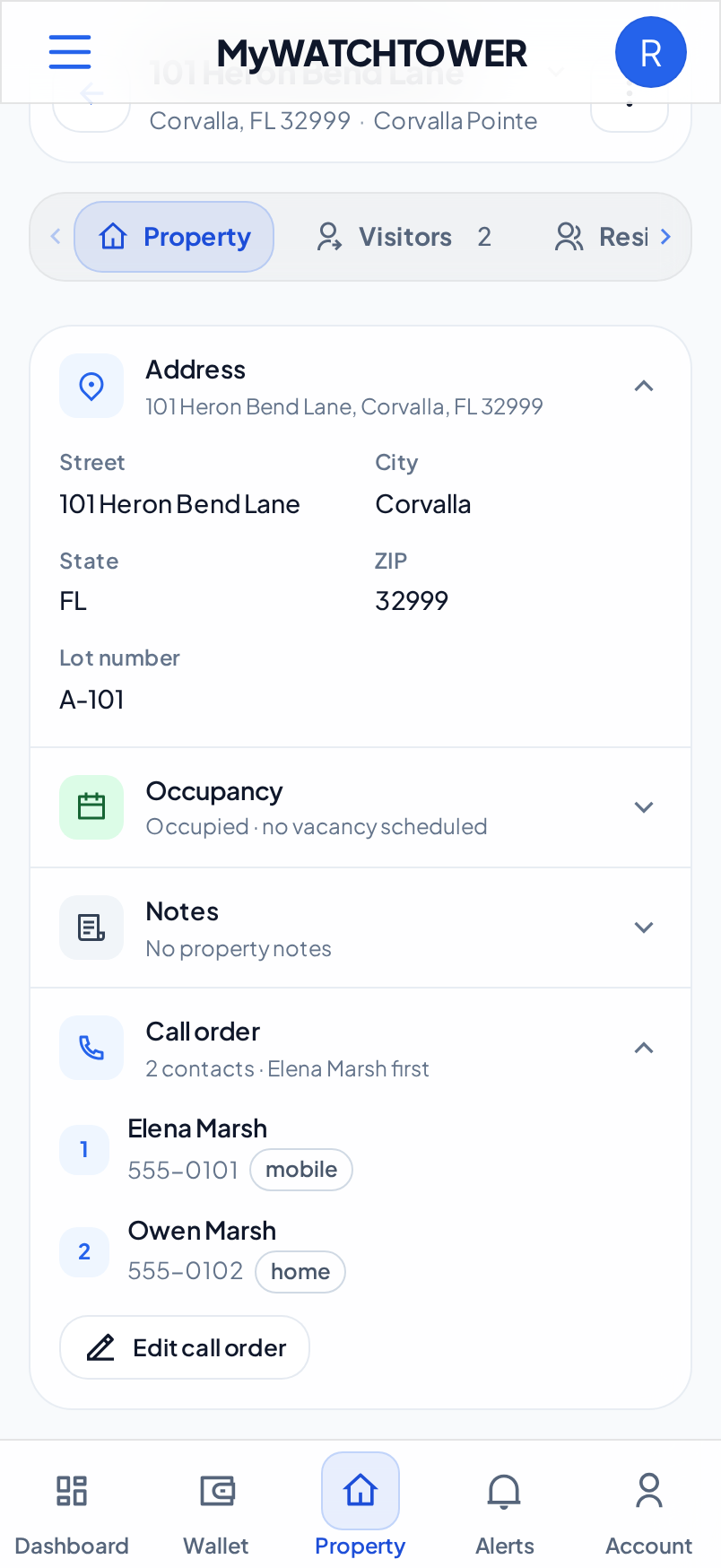 The Call order section of the Property tab on a phone, with two contacts and the Edit call order button