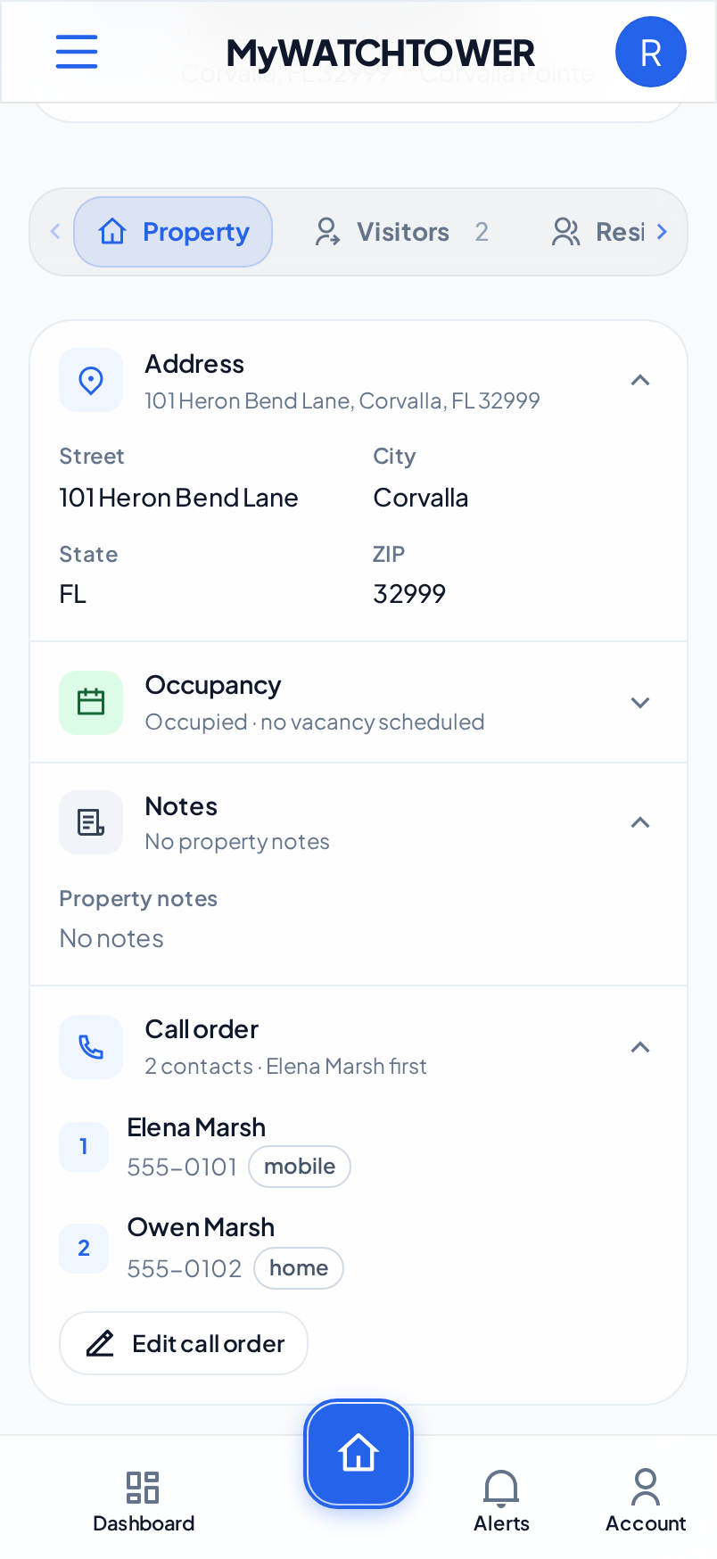 The Notes and Call order sections of the Property tab on a phone, with Elena Marsh first and Owen Marsh second, and the Edit call order button