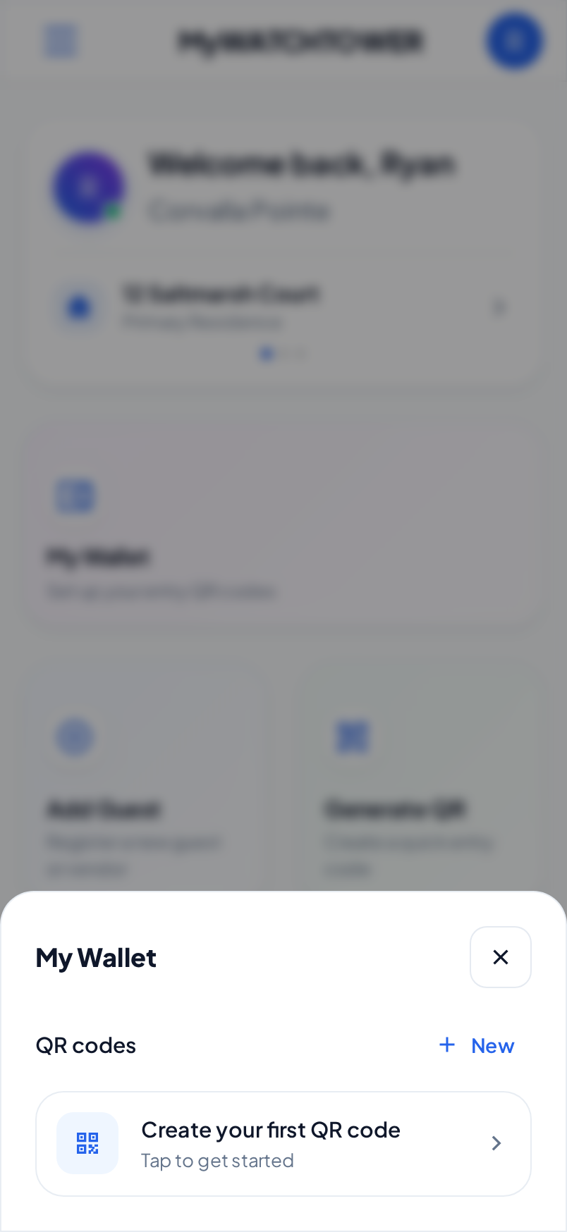 The My Wallet sheet on a phone. The QR codes section shows the New button and the Create your first QR code row.