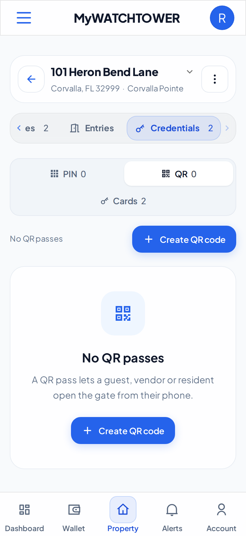 The QR view of the Credentials tab on a phone. The property has no QR passes, and the Create QR code button is under the message.