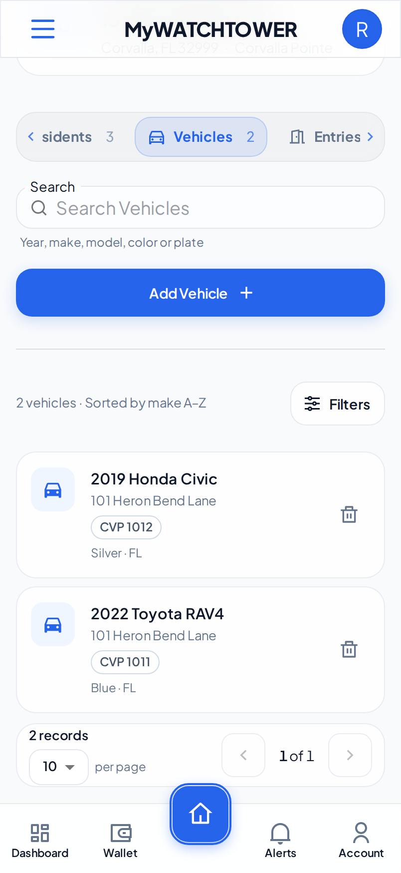 The Vehicles tab of a property on a phone, with two vehicles in the list: a 2019 Honda Civic and a 2022 Toyota RAV4
