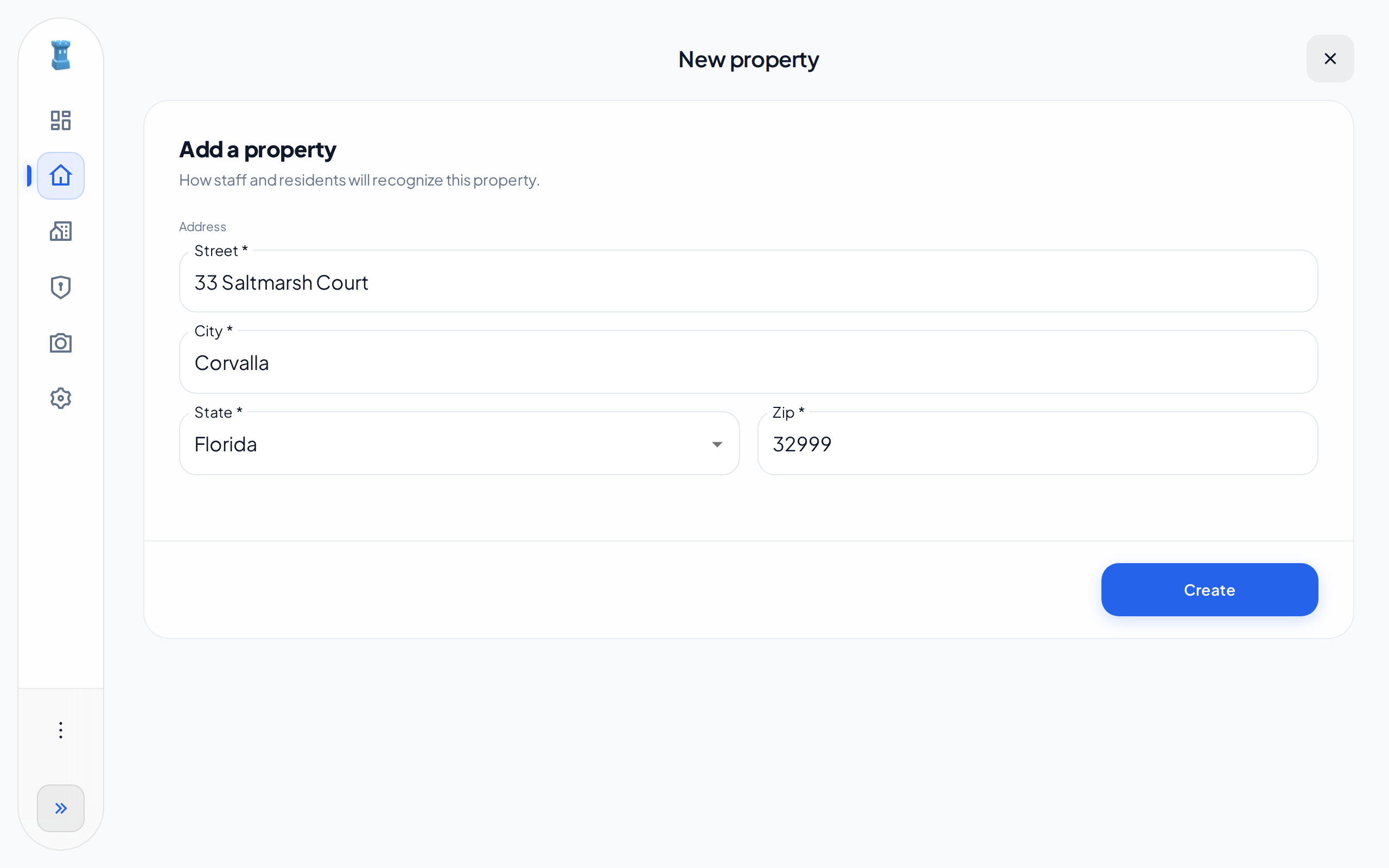 The New property page with a street, a city, a state and a zip code typed