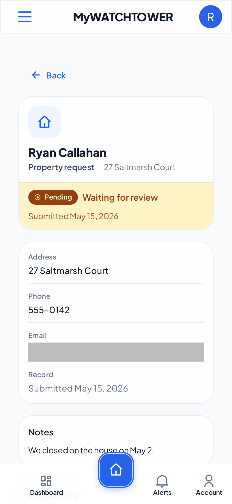 The page of a pending request with the Waiting for review status, the address and the phone number