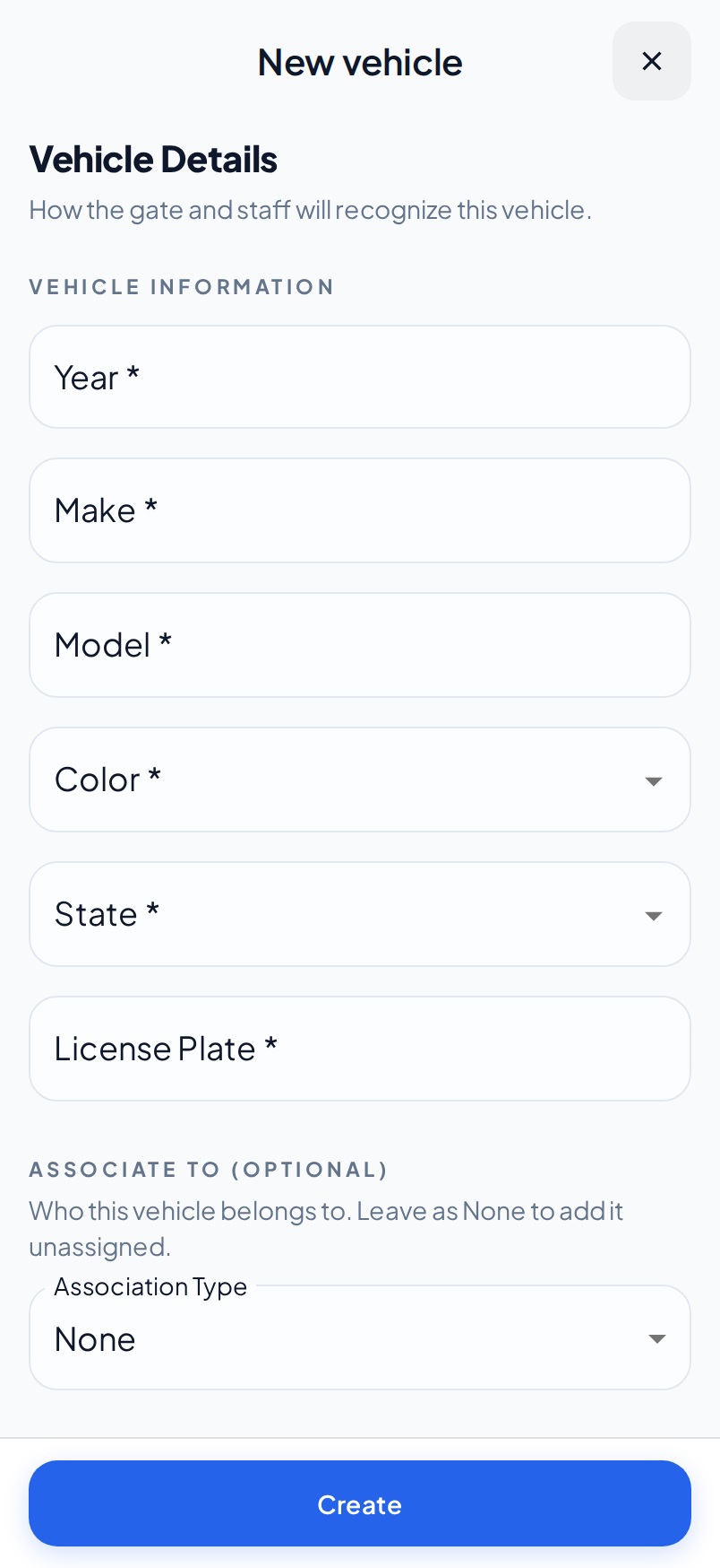 The Vehicle Details step on a phone, with the vehicle fields and the Associate to section