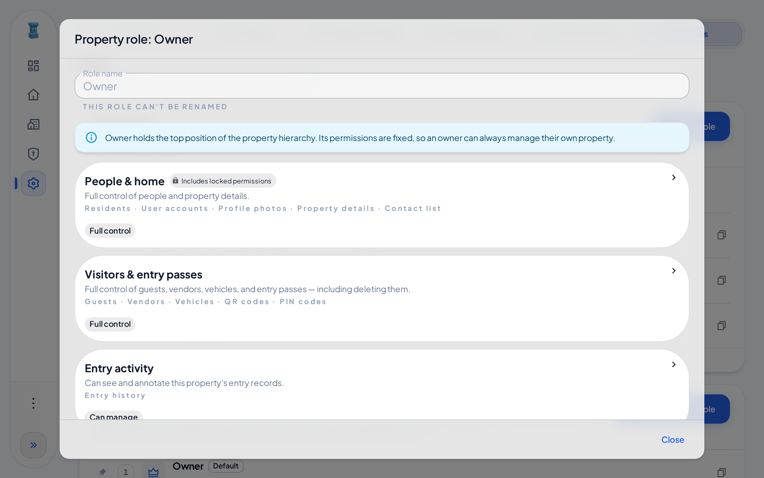 The Property role: Owner dialog in view mode, with the message that the permissions of Owner are fixed