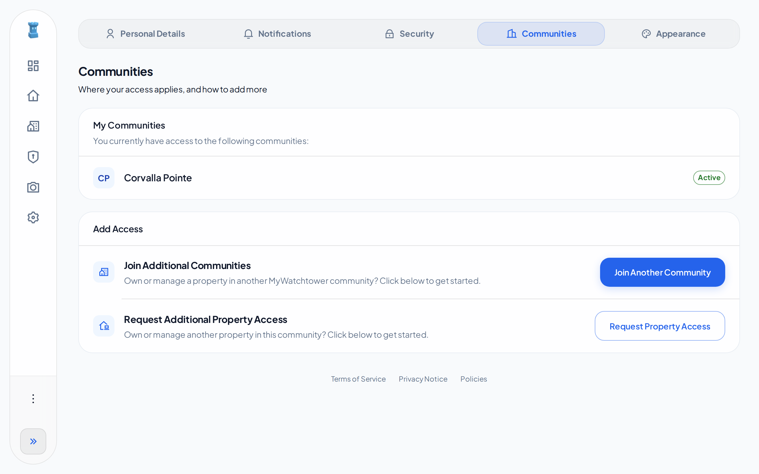 The Communities tab of the account, with one community marked Active