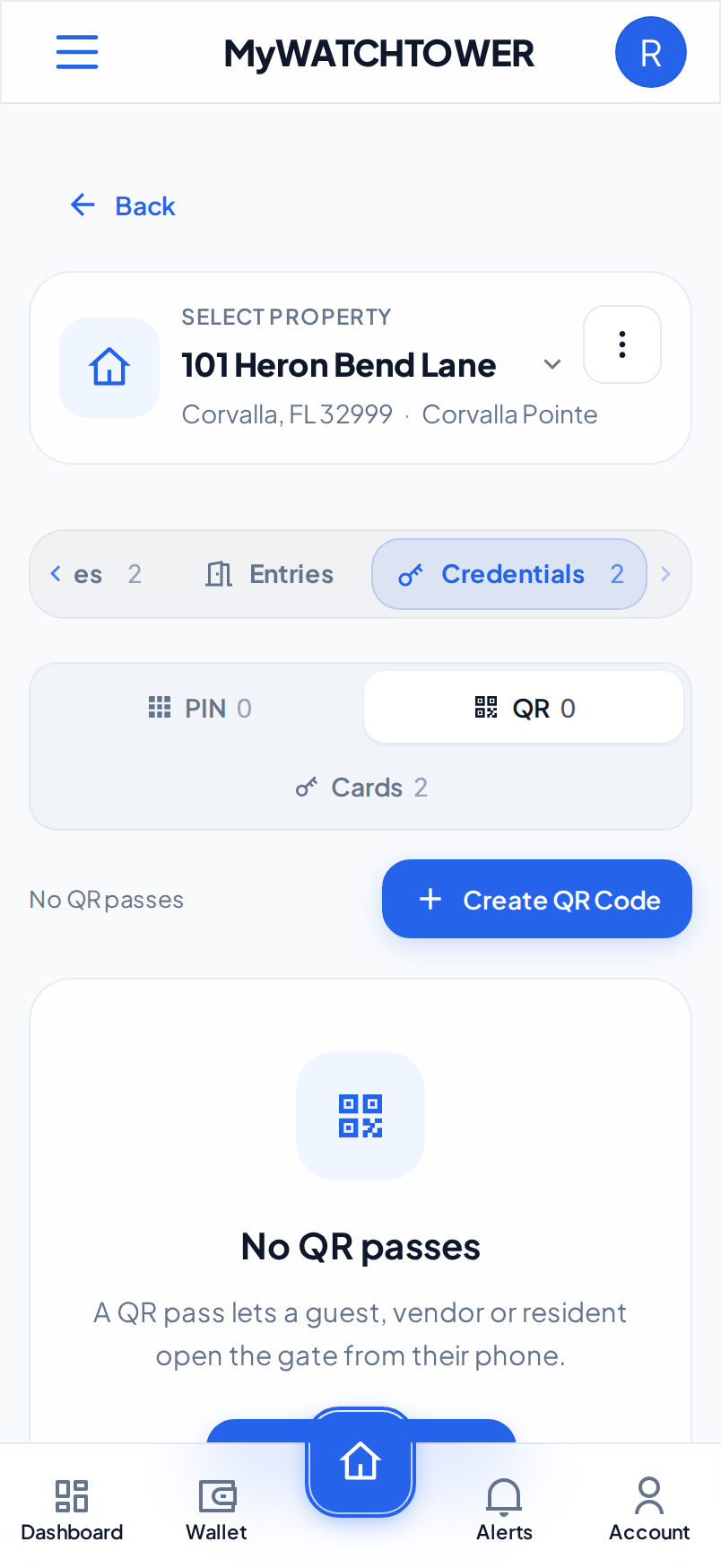 The QR view of the Credentials tab on a phone. The property has no QR passes, and the Create QR Code button is under the message.