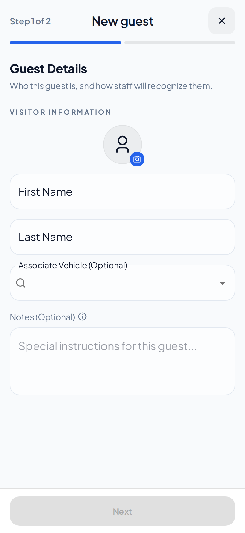The Guest Details step on a phone, with the photo, name, vehicle and notes fields