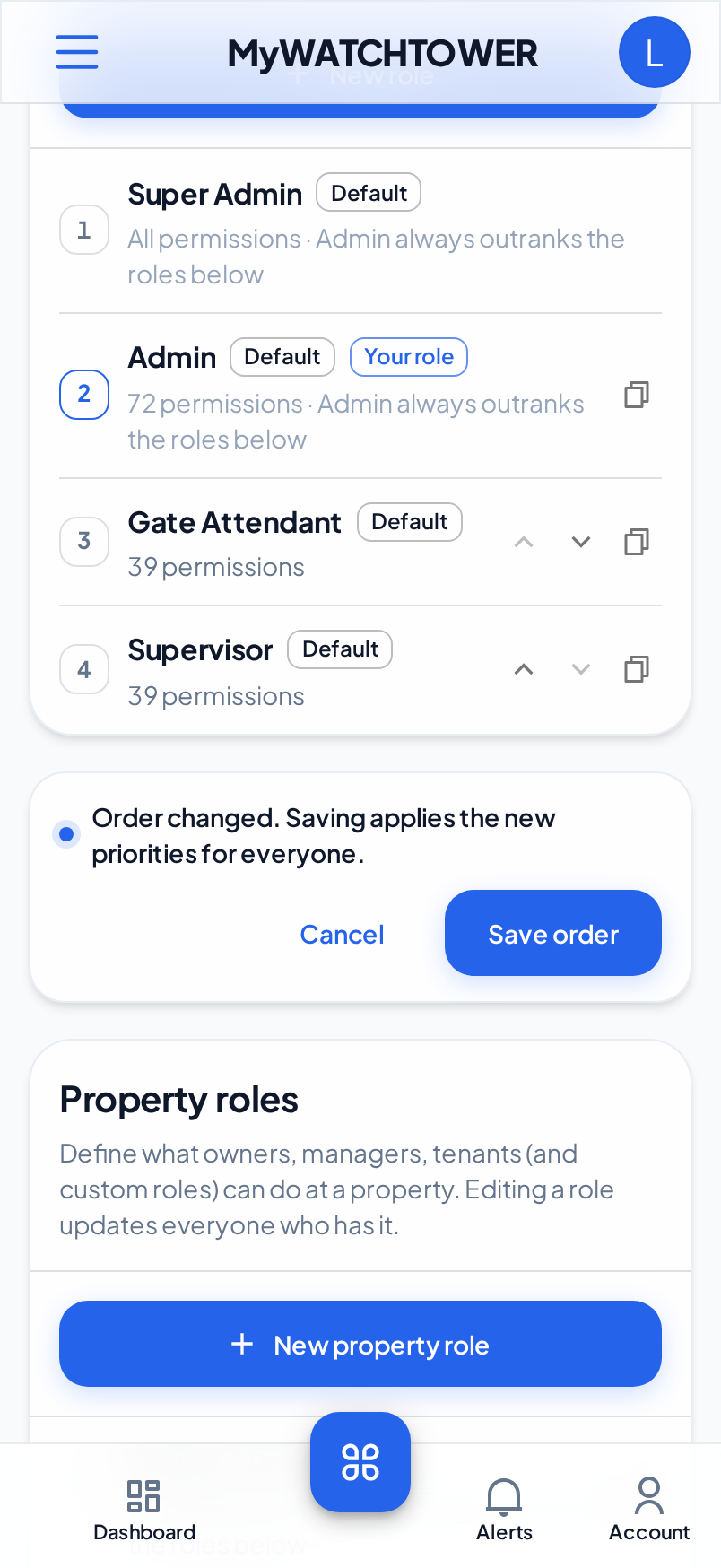The Staff roles list on a phone, with the up and down arrows on each role below Admin and the Save order bar
