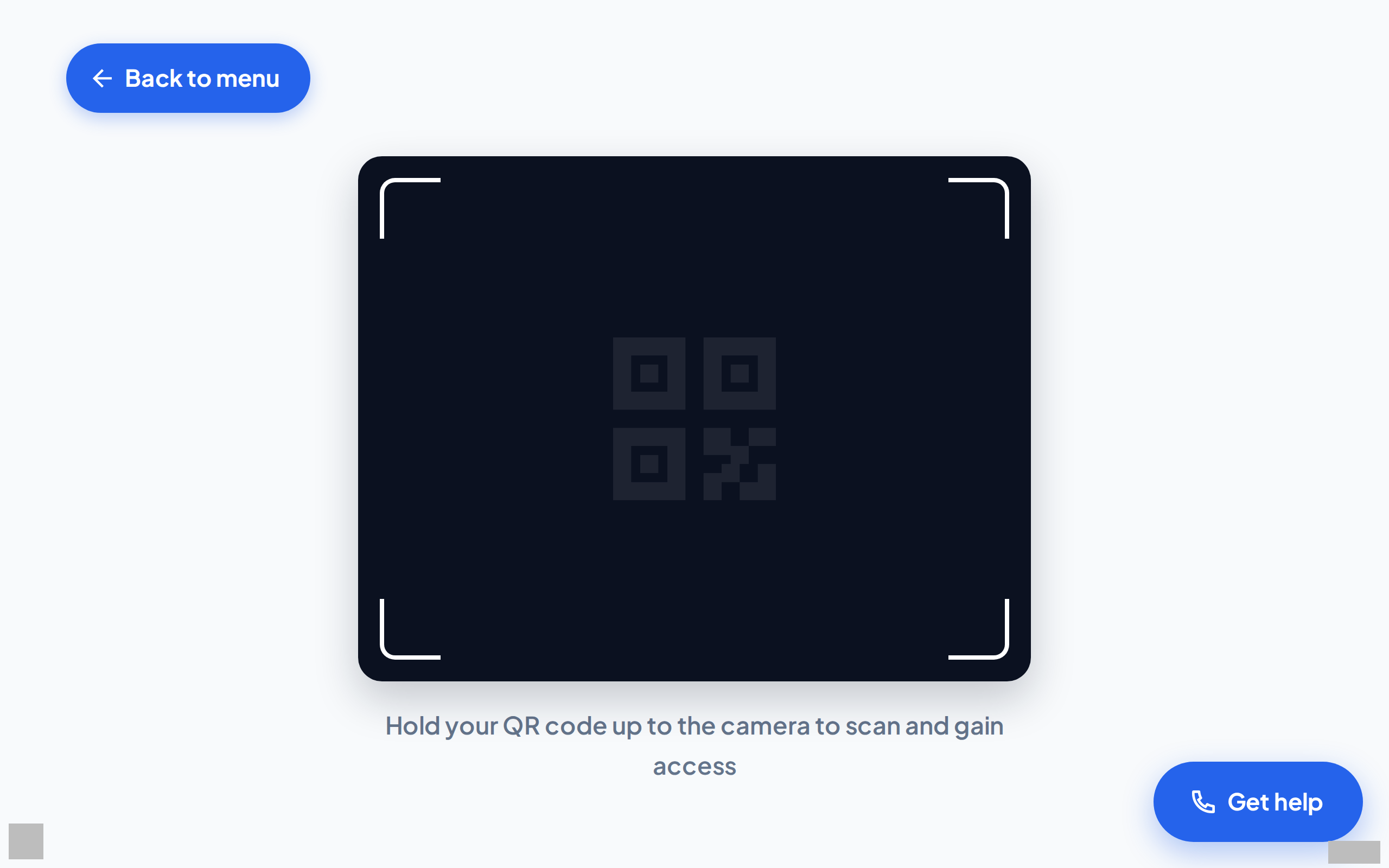 The QR scan screen of the kiosk. The camera panel is in the center, the Back to menu button is at the top left, and the text under the panel tells you to hold your QR code up to the camera.
