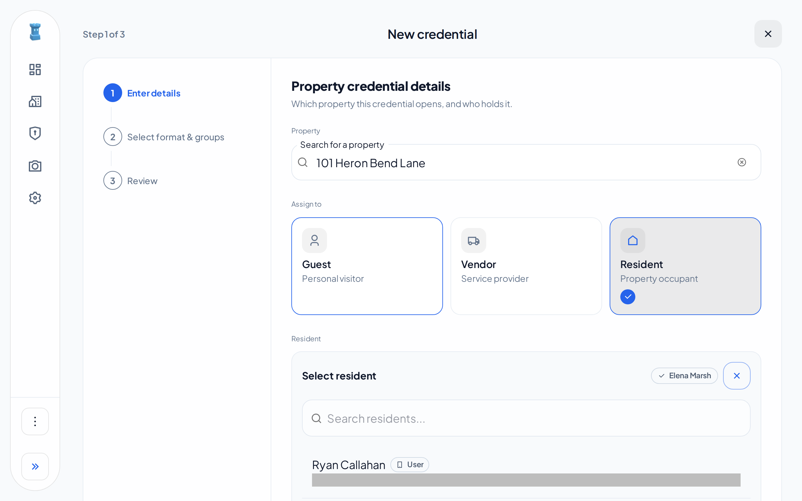 Step 1 of the New credential wizard, with 101 Heron Bend Lane, the Resident type and Elena Marsh selected