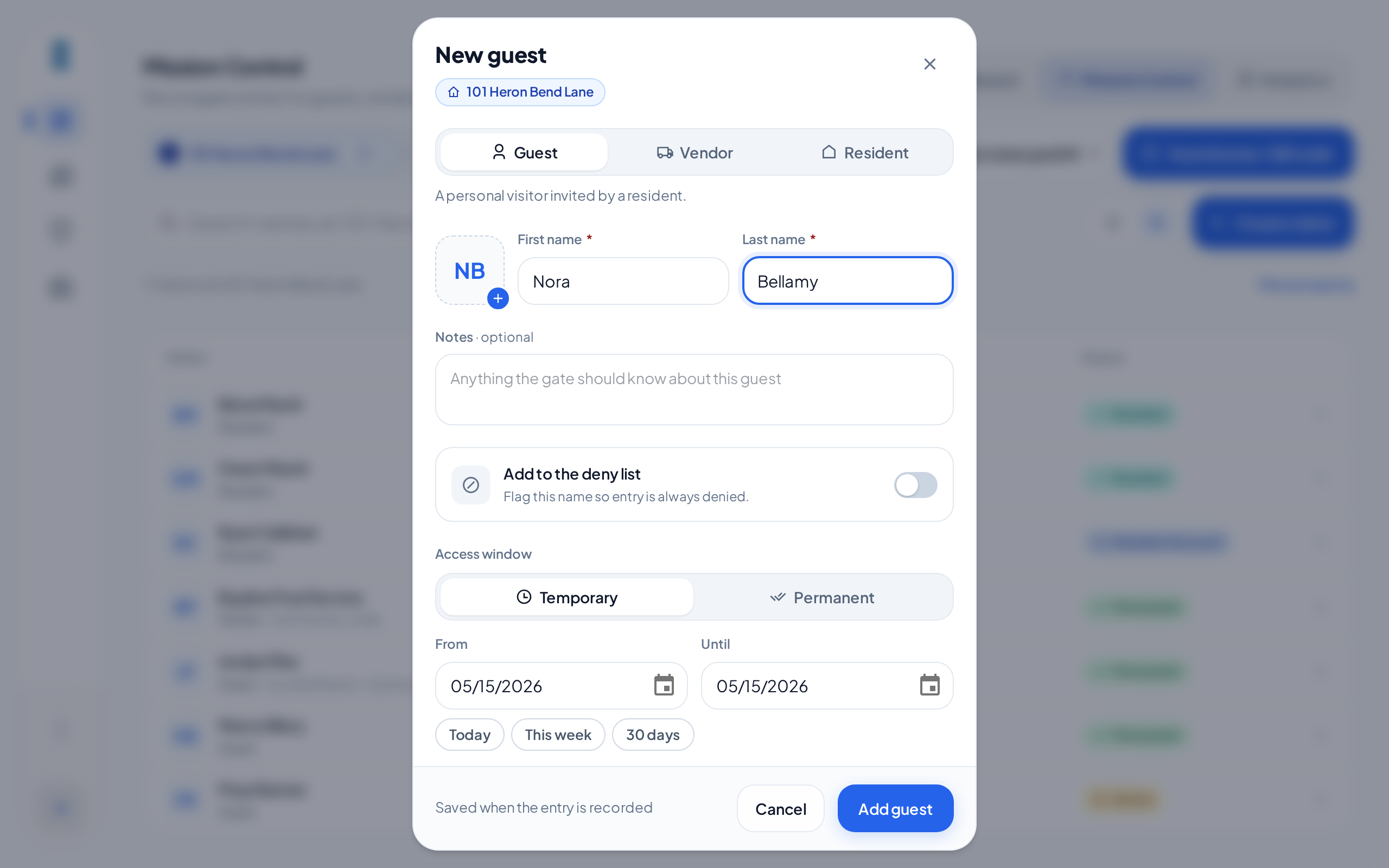 The New guest dialog for 101 Heron Bend Lane with the name Nora Bellamy, the deny list switch off, and a Temporary access window from today to today.