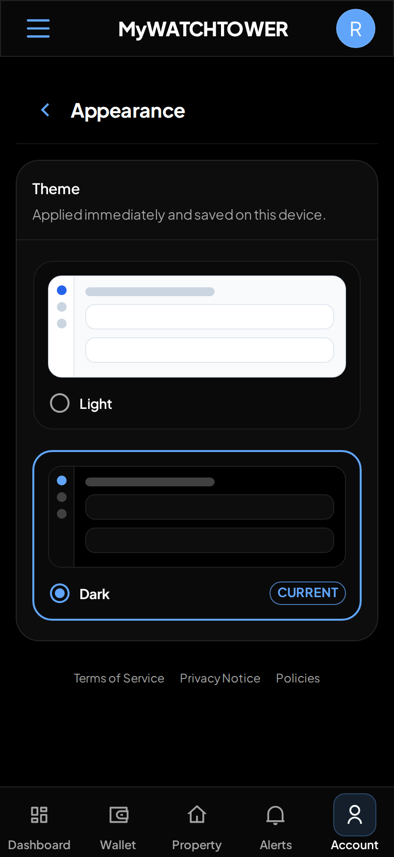The Theme card on a phone after a change to Dark. The app shows the dark theme.