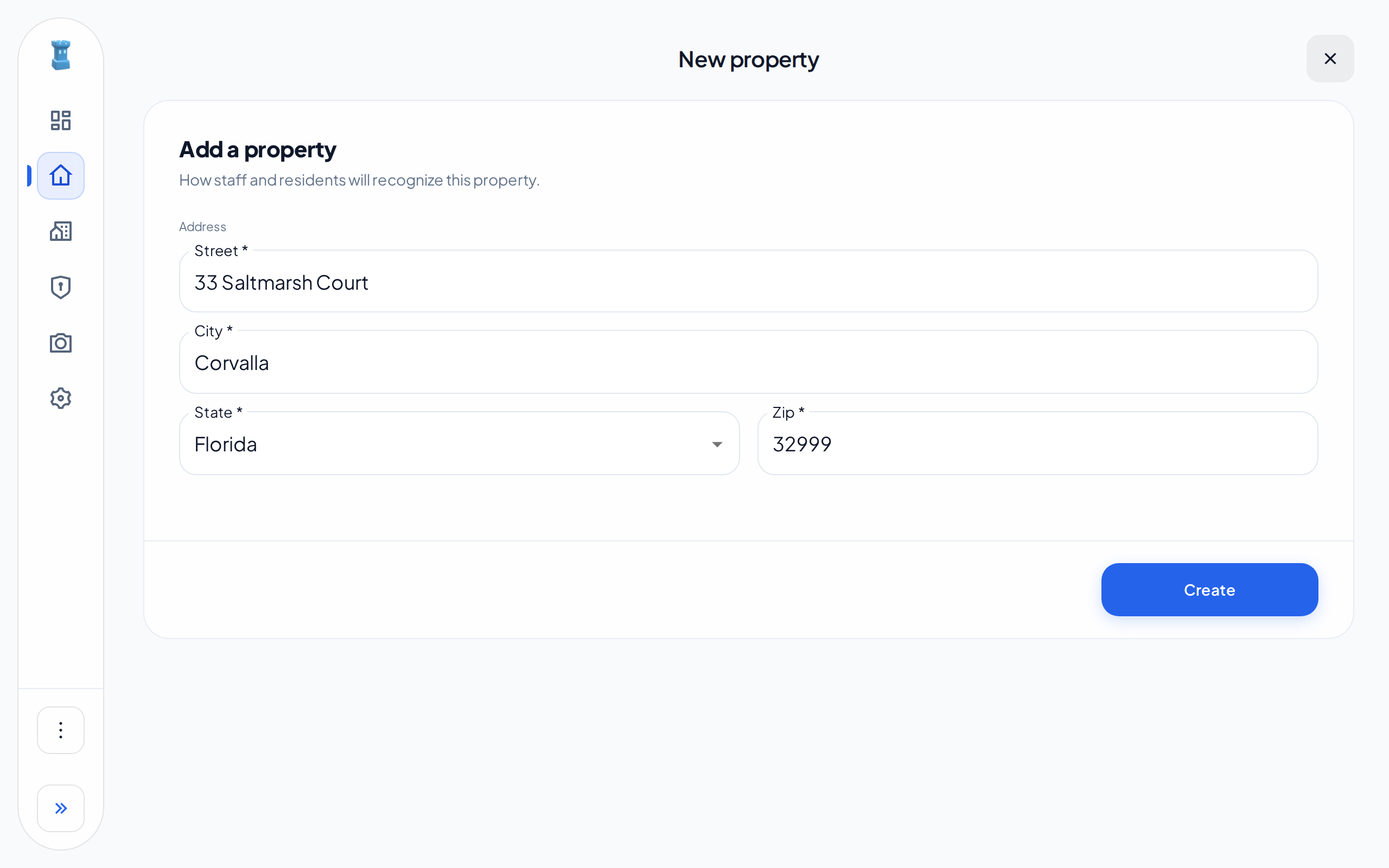 The New property page with a street, a city, a state and a zip code typed