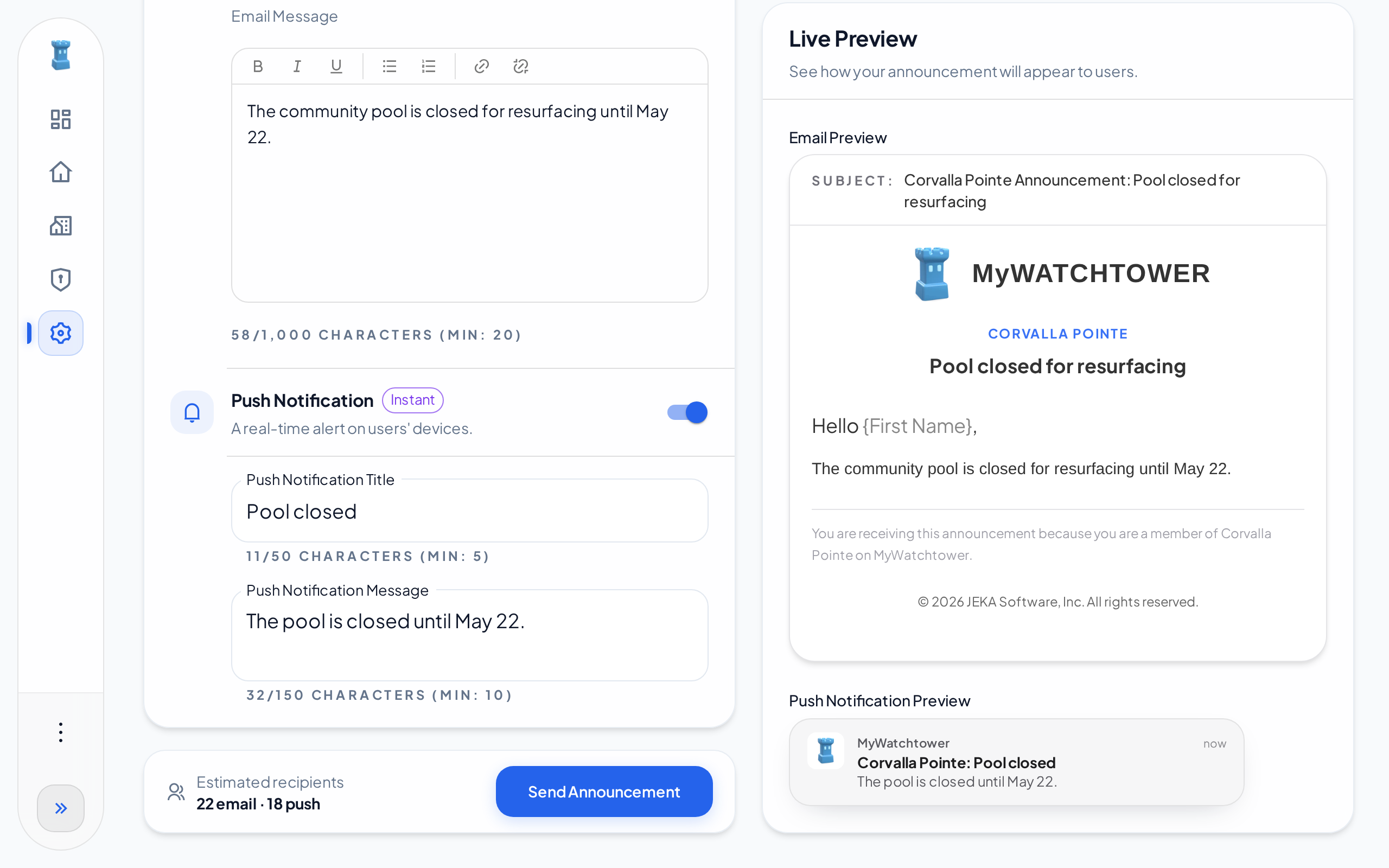 The New Announcement tab with a sample email and push notification, the estimated recipients and the Live Preview