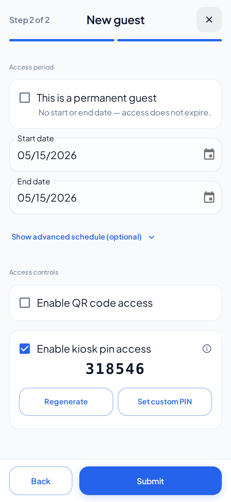 The Access step for a new guest on a phone. Enable kiosk pin access is selected. The new PIN shows above the Regenerate and Set custom PIN buttons.