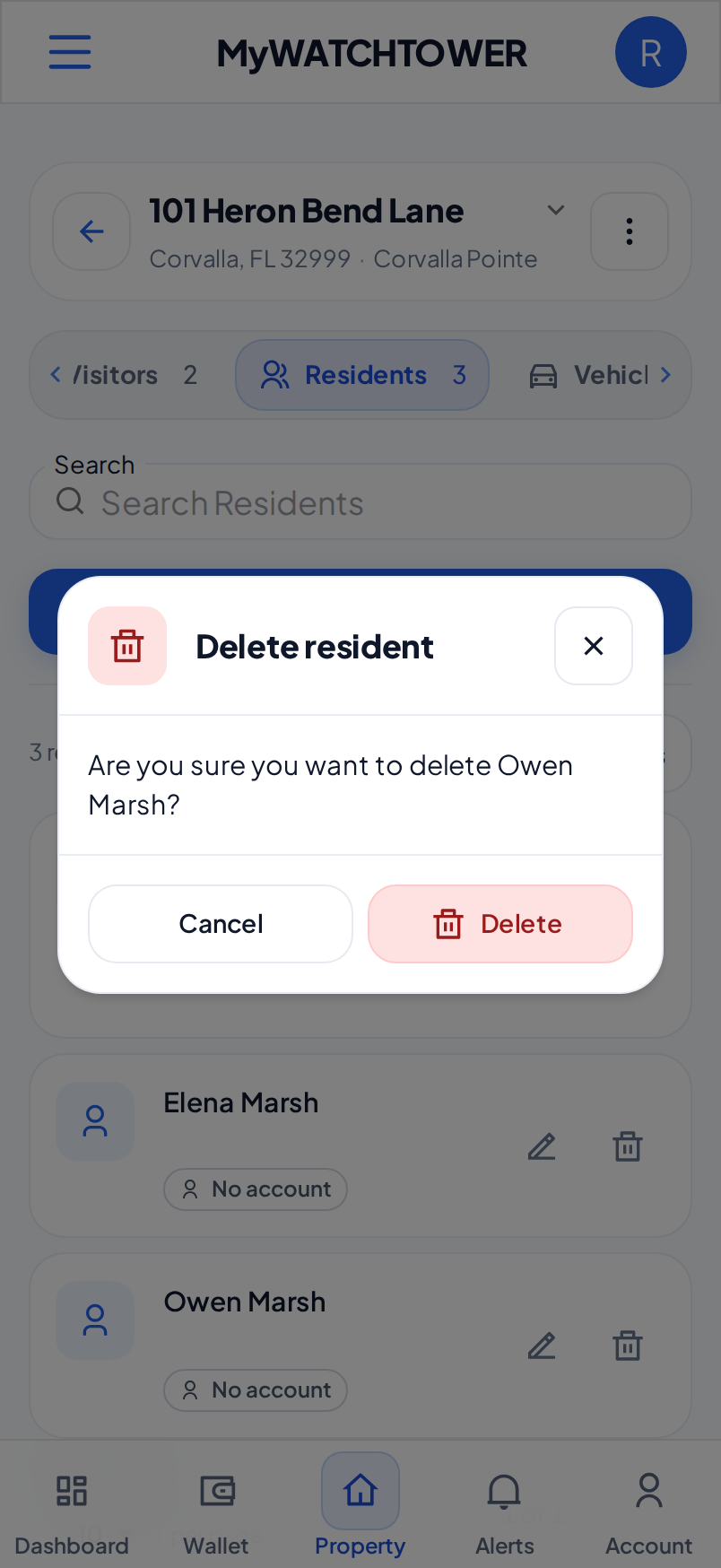 The Delete resident dialog on a phone, with the Cancel and Delete buttons