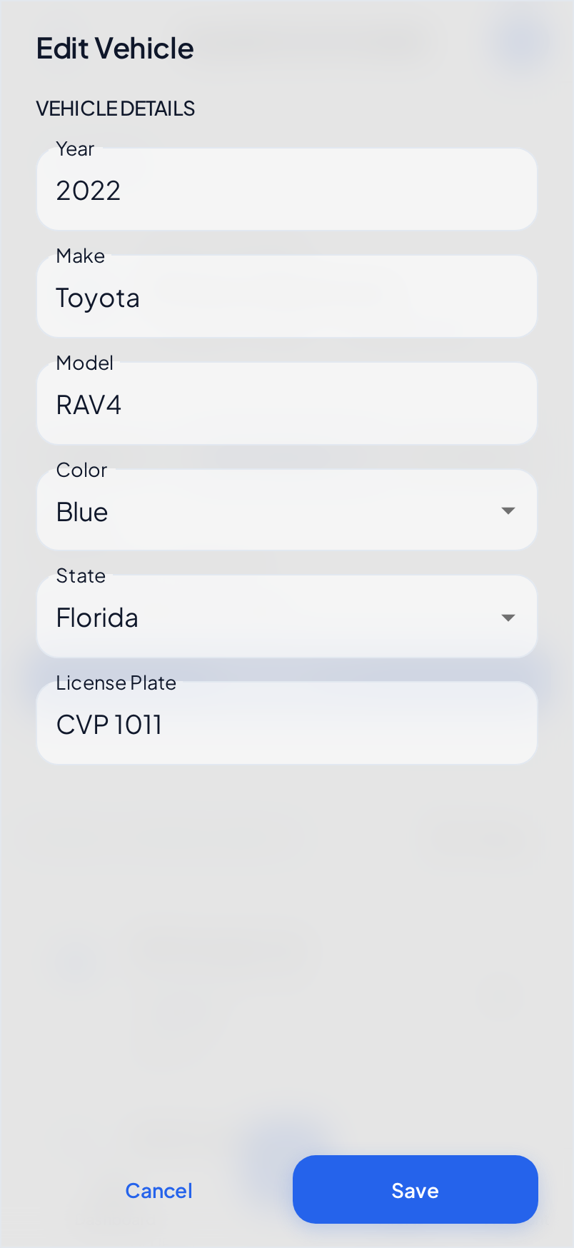 The Edit Vehicle dialog on a phone, with the details of the 2022 Toyota RAV4