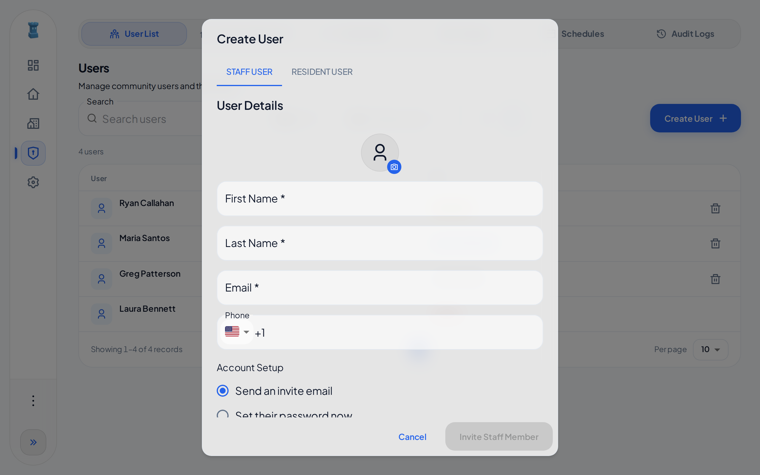 The Staff User tab of the Create User dialog, with the photo button, the name, email and phone fields, and Account Setup
