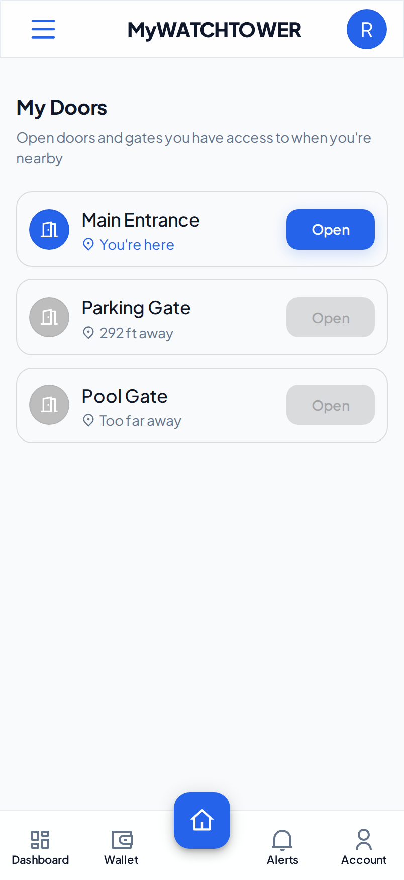 The My Doors page on a phone. Main Entrance shows You're here and an Open button. Parking Gate shows 292 ft away, and Pool Gate shows Too far away.
