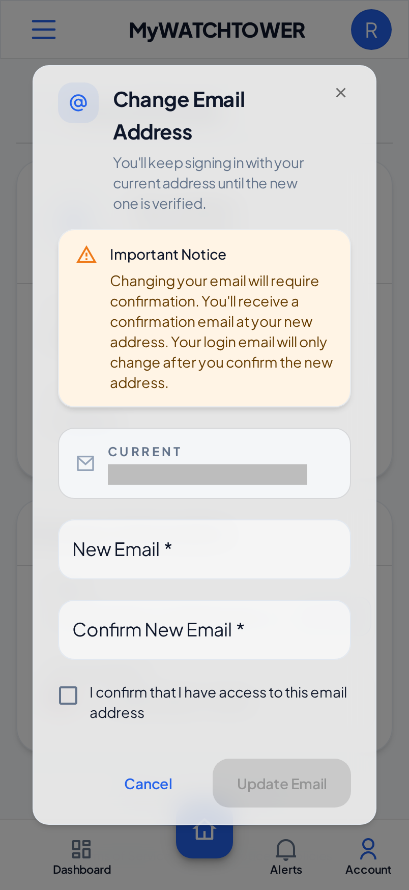 The Change Email Address dialog on a phone