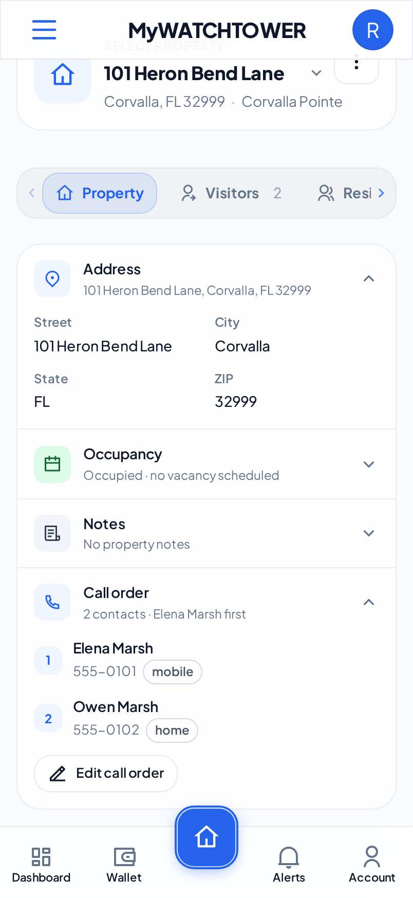 The Call order section of the Property tab on a phone, with two contacts and the Edit call order button